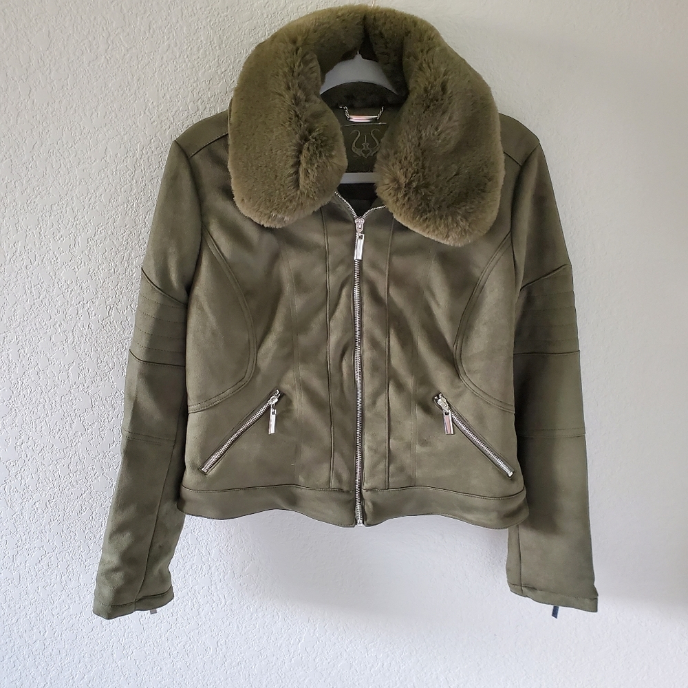 Odyn olive faux suede biker jacket NWOT